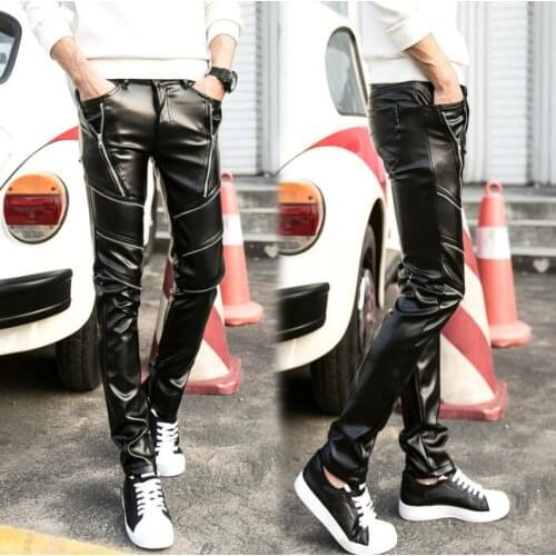 Winter casual personality fashion motorcycle faux leather pants mens feet pants pu trousers for men pantalon homme thin black