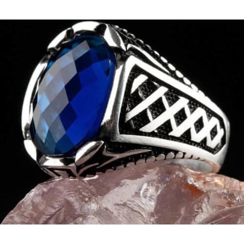 925 Sterling Silver Mens Ring with Oval Blue Zircon Stone Small Ring for Men Blue Faceted Zirconia Ring