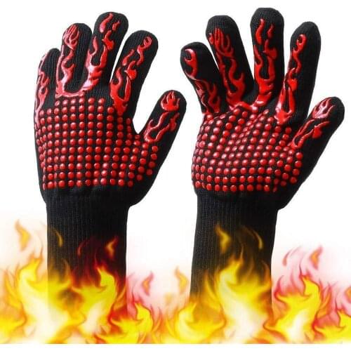 Barbecue Gloves with Silicone Anti-slip Stripe Heat Proof Oven Gloves 500~800℃ Heat Resistant Grill Gloves for Outdoor Barbecue