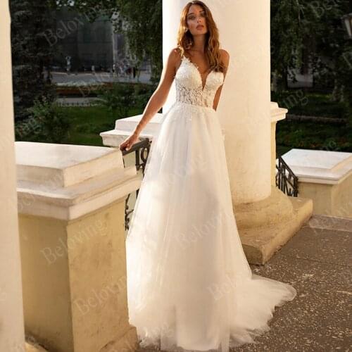 V Neck Beading Spaghetti Straps Wedding Dresses Lace Appliques A Line Backless Floor Length Beach Boho Bridal Gowns