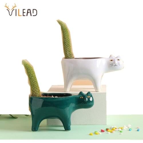 VILEAD Cute Cat Vase Modern Art Ceramic Flower Pot Desktop Home Interial Terrace Garden Decoration Accessories Cactus Plant Pot