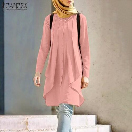 Vintage Long Sleeve Tunic Tops ZANZEA Muslim Fashion Blouse Loose Solid O Neck Blusas Irregular hem Chemise Mujer Oversized
