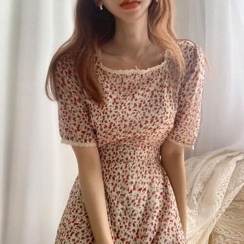 Sweet Women Summer Dress Lace Floral Dress Square Collar Dress for Women Vintage High Waist Long Dresses Elegant Vestidos 14391