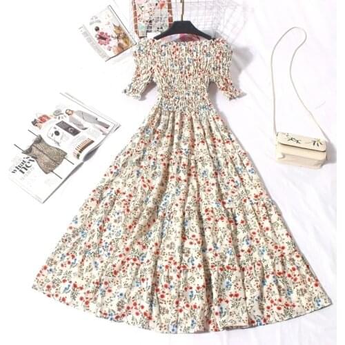 2021 Summer Women Flare Sleeve Slash Neck Floral Chic Dress Lady A-Line Elastic Slim High Waist Pullover Flower Ruffles Dresses