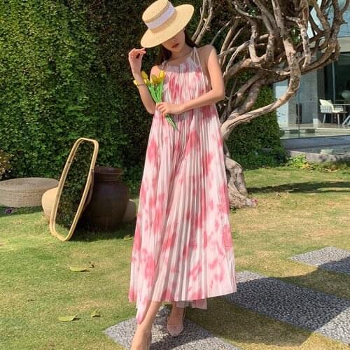 Fashion Summer Casual Vintage Print Chiffon Maxi Party Dress Ladies Elegant Robe Sexy Strap Pleated Beach Vacation Loose Dress