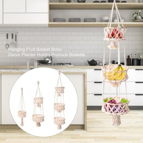 1/2/3 Tier Hand-woven Cotton Rope Flower Pot Hanging Basket Kitchen Fruit Storage Basket Garden Rope Flower Pot Hanging Basket