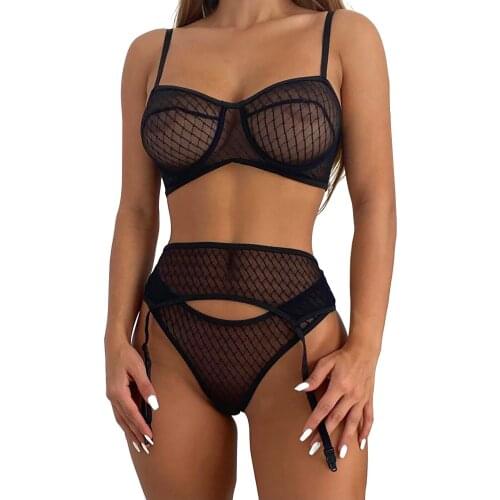 3pcs Ladies Sexy Mesh Sexy Hollow Out Lingerie Sleeveless Bra+Thong+Garter Soft Suit Erotic Underwear Ladies Panties Traje Sexy