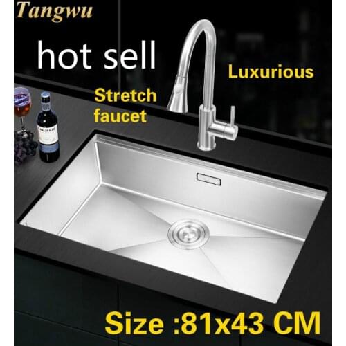 Free shipping Apartment luxurious big kitchen manual sink single trough stretch faucet 304 stainless steel hot sell 81x43 CM