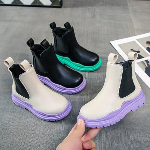 2021 New PU Patchwork Boys and Girls Fashion Boots Zipper Boots Childrens Soft Breathable Non-slip Childrens Shoes Size 26-36