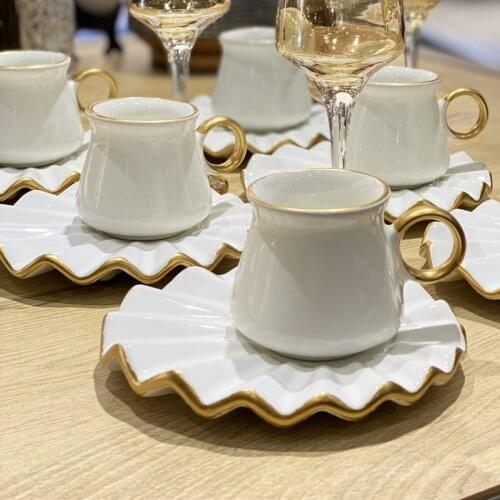 Turkish coffee cup set, Arabic coffee set 6 coffee cups, 6 coffee saucers, Luxury gold detailed ceramic espresso set