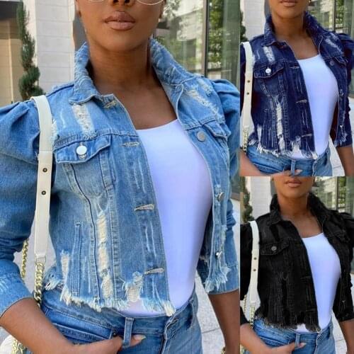 Denim Jacket Washed Ripped Sexy Puff Sleeve Turndown Collar Single-breasted Jean Coat Streetwear Casual Short Denim Coat Style