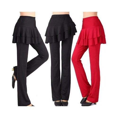 FEECOLOR Black Red Latin Dance Pants Performance Clothing Fitness Hakama