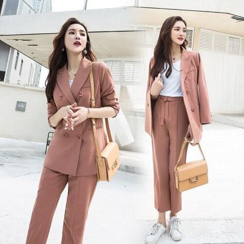 Work 2 Piece Sets Pant Suits Double Breasted Loose Women Suits Blazer Jacket & Pencil pants Pant Office Lady Suit Women Outfits