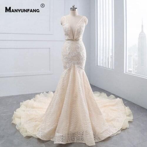 Luxury Cathedral Train Lace Appliques Tulle Mermaid Wedding Dress Custom Made 2021 New Arrival Deep V-Neck Sleeveless Formal