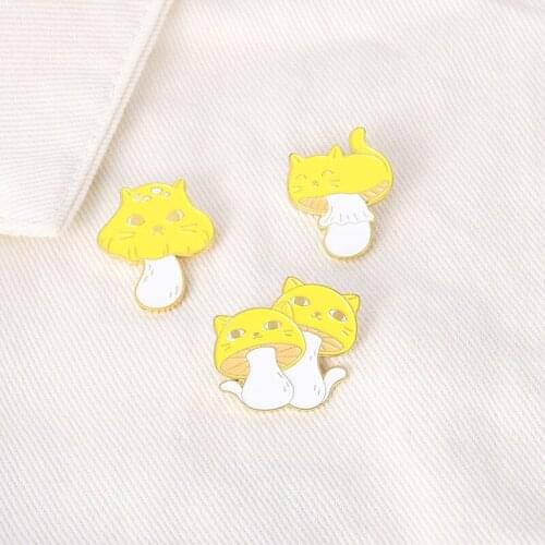 Cute Cartoon Yellow Mushroom Cat Enamel Brooches For Women Girls Fun Kitty Lapel Badge Pins Backpack Bag Hat Jewelry Gifts