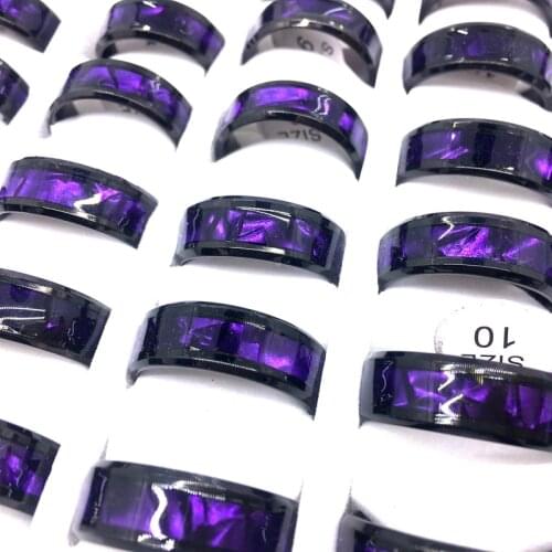 MixMax 36PCs Purple Mens Womens Rings Shell Stainless Steel Black 8mm Band Ring Wholesale Jewelry