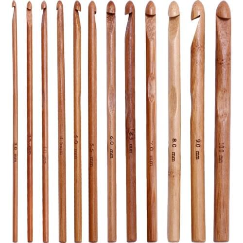 Nonvor 12 Pcs Bamboo Crochet Hook Set Handle Home Knitting Weave Yarn Crafts Household Knitting Tools Sewing Accessories