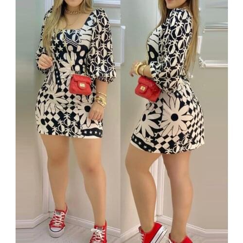 2021 European and American New Womens Black Printed Square Neck Dress