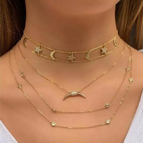 2021 New cz moon star charm necklace gold rose silver color choker double chain delicate sparking cz moon star pendant necklaces
