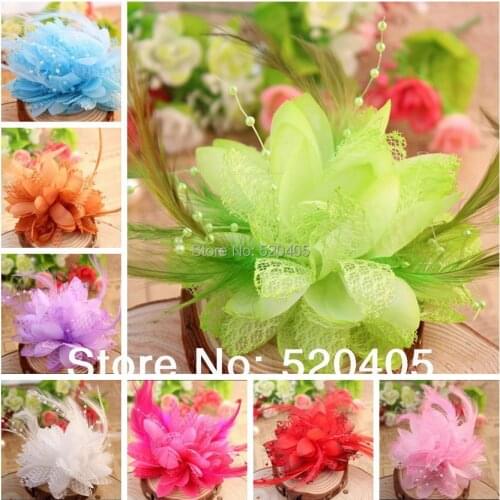 New hair flower fabric flowers with prarls 9 colors feather DIY flowers flat back artificial plumeria flowers wholeale 50PCS