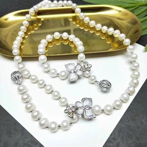 Free shipping Jewelry natural 8-9mmwhite pearl necklace bracelet set micro inlay zircon crystal Butterfly clip clasp