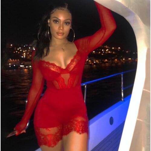 Mesh Sheer Lace Bodysuit V Neck Sexy Bodysuit Women Teddies Catsuits Fashion Body Mujer Party Clubwear Women Sexy playsuits