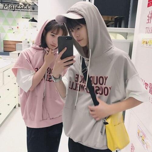 Men with Hat Hoodies Couple Letter-printed Fake-two Pieces Half Sleeve Summer Korean Thin Fashion Leisure Mens Sweatshirts Teens