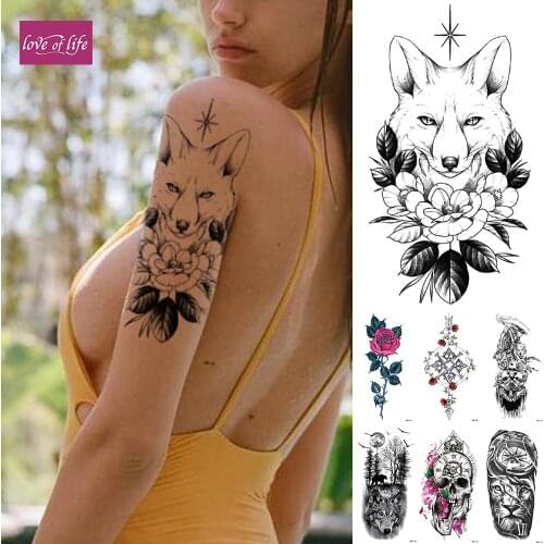 Waterproof Temporary Tattoo Sticker Fox Lion Flash Tattoos Lace Flower Rose Body Art Arm Fake Sleeve Tattoo Women