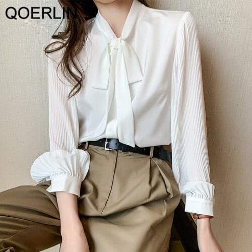 QOERLIN White Pleated Sleeve Shirts Office Ladies Tops Shirts Plus 2021 Spring New Style Long Sleeve Bowtie Chiffon Shirt Women