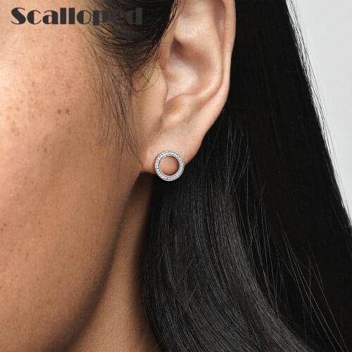 SCALLOPED Luxury Crystal Circle Earring For Women Simple Zircon Stone Stud Ear Piercing Female Wedding Jewelry Couple Gift