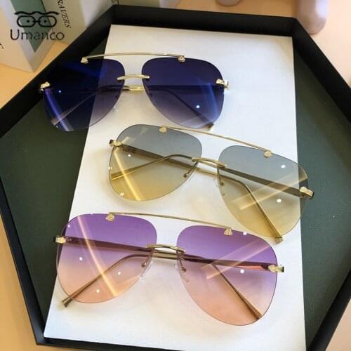 Gradient Rimless Sunglasses for Women with Gold Metal Glasses Leg Resin Lens Big Size Ladies Goggles Driving Travel Beach UV400