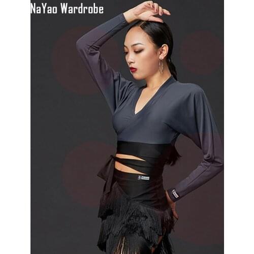 2020 New Women Latin Dance Tops Sexy V Neck Long Sleeve Latin Dancing Tops for Samba Tango Chacha Belly Performamnce A1144