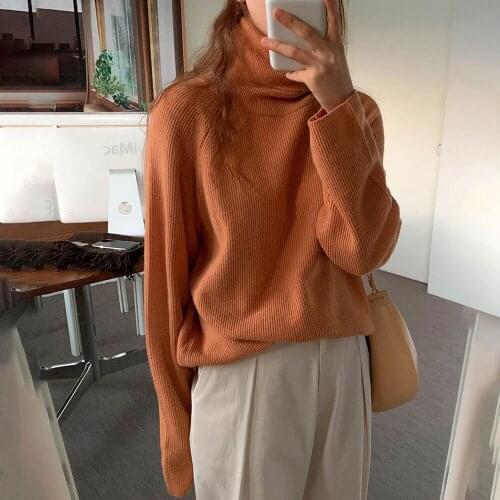 2020 Women Autumn Orange Warm Turtleneck Sweater Loose Knitted Pullovers Casual Jumpers Long Sleeve