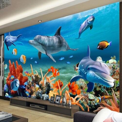 Beibehang Custom 3D Mural Wallpaper For Kid Underwater Dolphin Fish Wall Paper Aquarium Wall Background Room Kids' Bedding Room