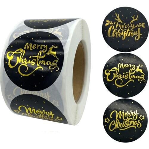 500pcs/roll 25mm Merry Christmas Foil Stickers Black Sealing Label Stickers For Bakery Packaging Gifts Box Stationery Decoration