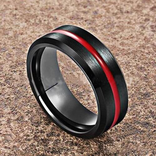 8MM Fashion Men Rings Stainless Steel Red Brushed Groove Wedding Engagement Bands For Men Birthday Gift Jewelry Wholesale