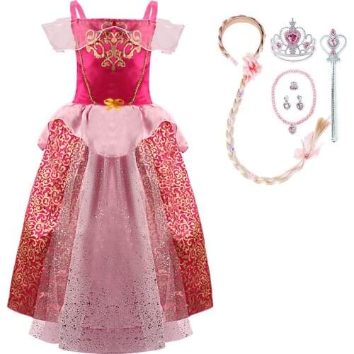 Children Princess Costume Girl Party Fancy Aurora Dress Up with Set Birthday Prom Role Play Clothing Print Sleeveless Vestidoes
