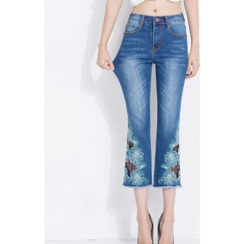 FERZIGE Brand Pants Hollow Out Embroidery Beautiful Flare Pants Women Skinny High Waist Jeans Plus Size Blue Lolita Pants