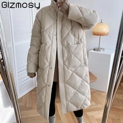 Gizmosy 2021 Winter New Korean Long Cotton-padded Coat Women Casual Stand-up Collar Argyle Pattern Oversized Parkas Chic Jacket