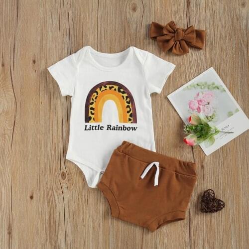 3 Pieces Summer New Kids Baby Suit Set Rainbow Print Cotton Short Sleeve Romper+Shorts+Headband Toddler Newborn Clothes Set