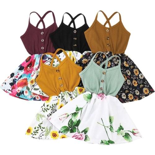 Citgeett Summer Kids Baby Girls Dress Stitching Floral Spaghetti Strap Sleeveless Buttons Patchwork Dress Clothes