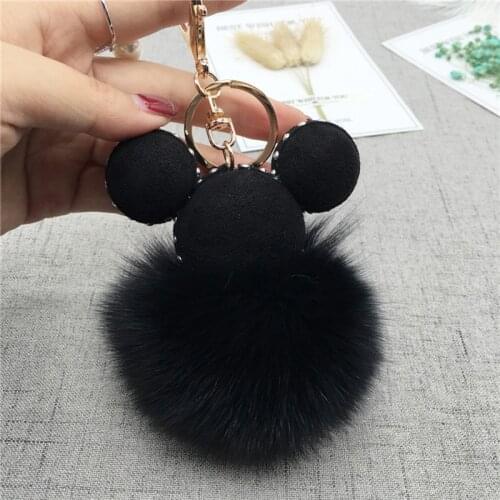 Lovely Mickey Fluffy Fox Fur Ball Pom Pom Key Chain Cute Cartoon Plush Doll Car Keychain Metal Ring Pendant Bag Charm Keyring