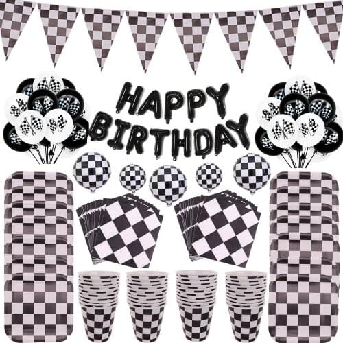 Black White Racing Car Party Deco Servies Chess Disposable tableware Set Checkered Flag Party Supplies Baby Shower Deco for Kids