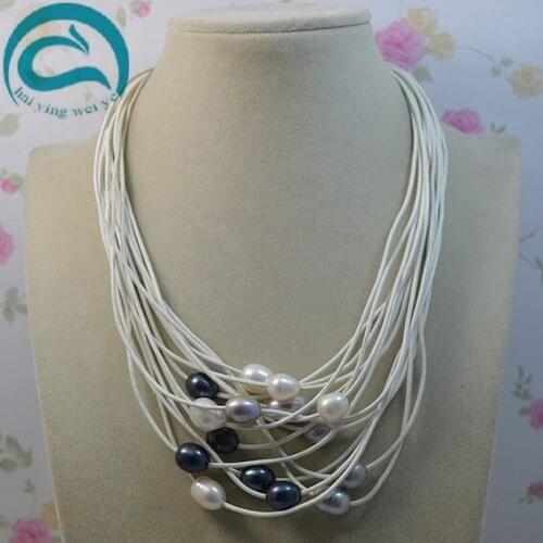 Natural Oval Freshwater Pearl Jewelry Gem Stone Beads 15 Row White Leather Pearl Necklace 18-20'' Magnet Clasp