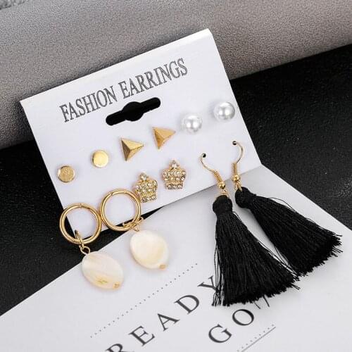 New Simulated Pearl Stud Earrings Set Mixed for Women Boho Gold Color Triangle Crown Statement Hanging Brincos Jewelry 2019 NEW
