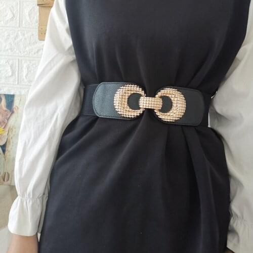 New Design Wide Cummerbunds For Women Fashion Black Elastic Waistbands Dress Gold Big Buckle Belt Skirt Stretch Waist Seal Coat