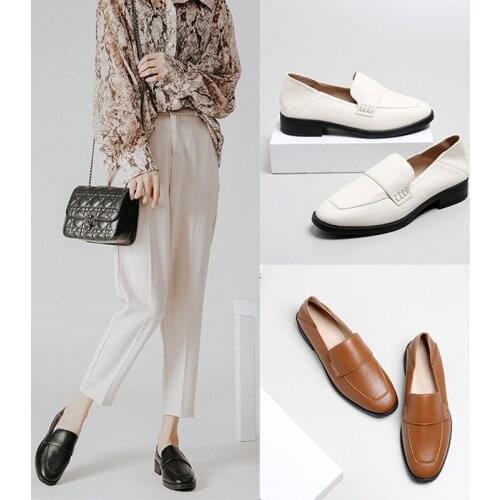 Solid black/white leather shoes woman square toe mules retro British oxford shoes ladies slip on brogues all-match loafers women