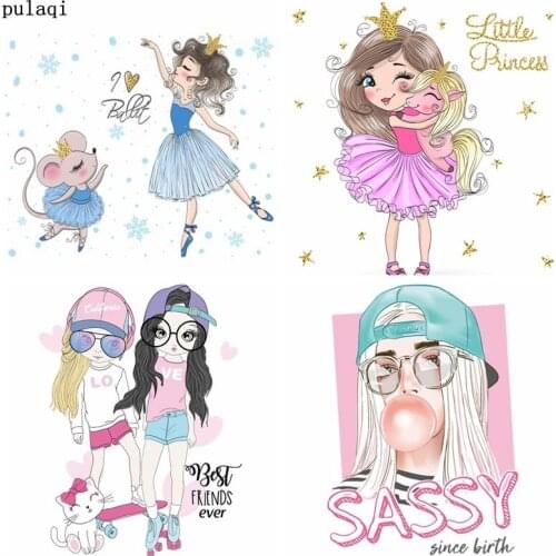 Pulaqi DIY Girl Thermo Stickers Iron on Transfer for Clothes Stripes Heat Transfer Vinyl Iron Cartoon Patch Applique on Clothes