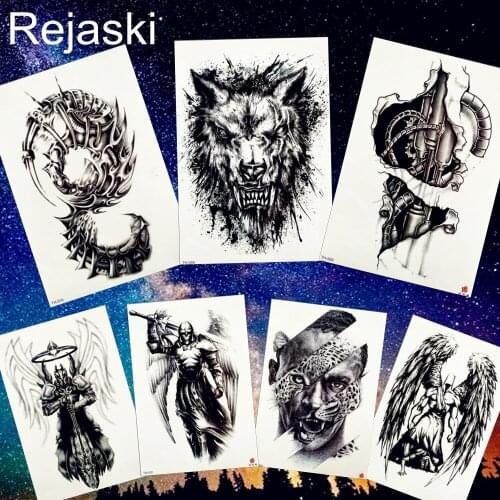 REJASKI Totem Mechanical Arm Temporary Tattoo Sticker Wolf Leopard Wing Knight Body Art Arm Fake Tatoo Waterproof Tattoos Men