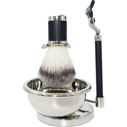 WLONG Luxury 4-Piece Mens Shaving Kit Synthetic Nylon Brush Hair with Soap Bowl and Germany Original 3-Blade Razor